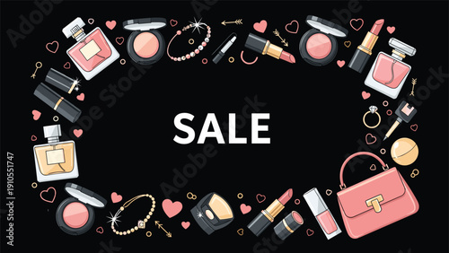 Stylish black frame border decorated with makeup, jewelry, and fashion accessories surrounding the word sale in white.