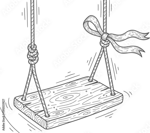 A wooden swing seat hangs suspended by thick ropes with a decorative bow tied near the top attachment point.