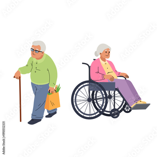 Elderly couple with wheelchair and walking cane. Flat vector illustration of senior couple. Elderly woman sitting in wheelchair and older man with walking cane and grocery bag. Concept of retirement, 