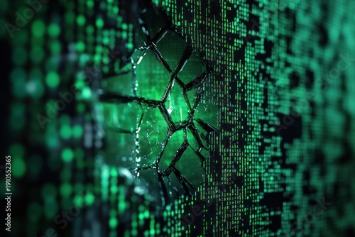 shattered glass with jagged hole and radiating cracks over glowing green streaming digital code, evoking a tense cyber breach and urgent security alarm