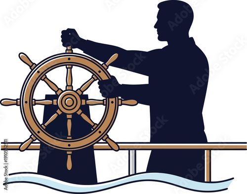 Silhouette of a ship captain grips the wooden ship's wheel while steering a vessel over stylized blue waves.