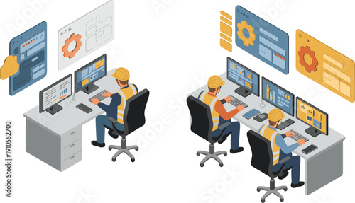 Isometric industrial engineers monitoring dashboards, technical control workstation scene, modern factory operations management illustration