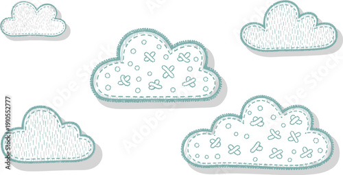 Several stylized, textured clouds with stitched edges and subtle internal patterns float against a white background.
