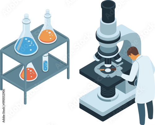 Isometric laboratory research illustration scientist using microscope with chemical glassware science experiment medical lab technology concept