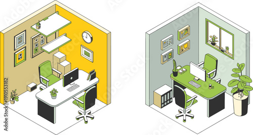 Isometric modern home office workspace, minimalist desk setup, organized interior design illustration