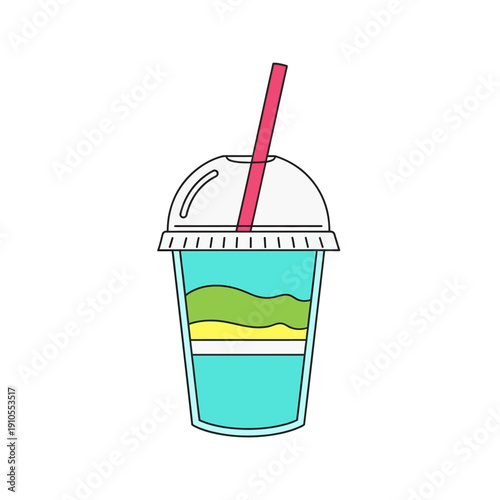 Refreshing layered drink in a clear plastic cup with a straw.
