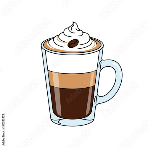 A delicious layered coffee drink with whipped cream and a coffee bean on top.