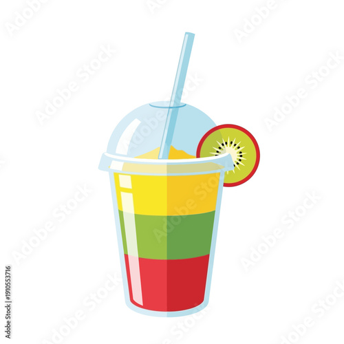Layered fruit smoothie in a plastic cup with kiwi garnish.