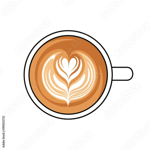 Latte art coffee cup with heart shape design on white background.