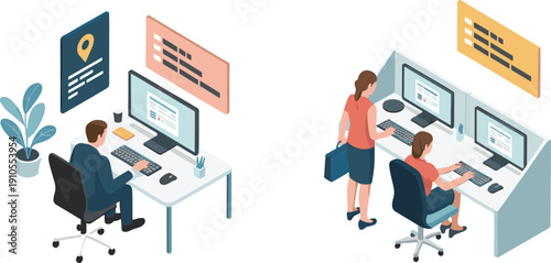 Isometric office workstation illustration, collaborative desk setup, modern workspace computers, professional team productivity scene