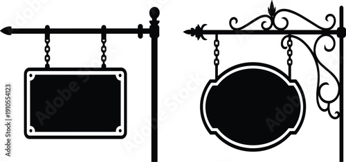 Hanging signboard silhouettes set, blank wooden street signs for shop or store