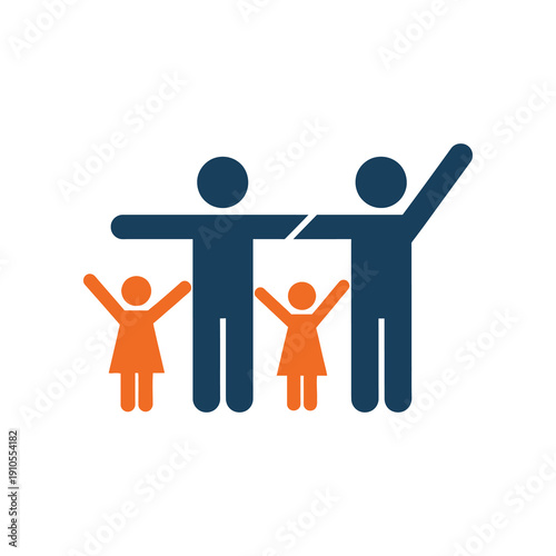 Stick figure family with parents and two little girls standing together in colorful flat design icon