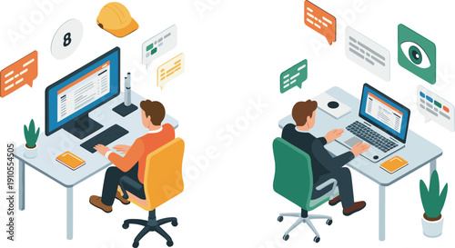 Isometric remote workspace illustration, dual office desks, professionals collaborating digitally, modern productivity technology environment, teamwork concept