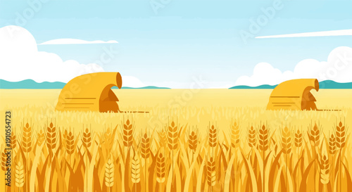 Golden wheat field under a blue sky with fluffy clouds and distant hills