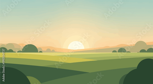 Gentle sunrise over rolling green fields and distant hazy hills