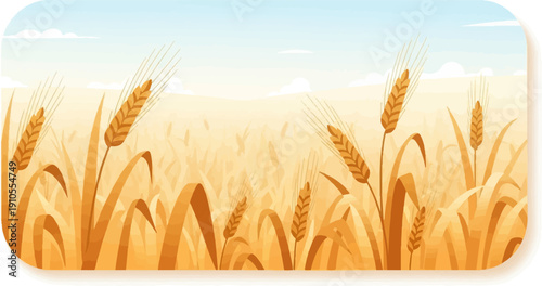 Golden wheat field under a pale blue sky with soft clouds