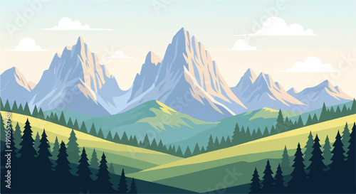 Gentle rolling hills lead to majestic snow-capped peaks under a soft sky