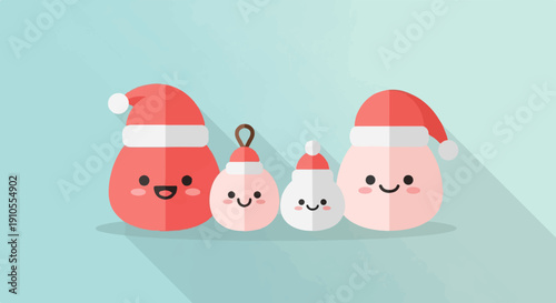 Four cute round festive characters wearing Santa hats on a blue background