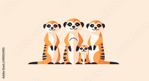 Four cute cartoon meerkats of varying sizes standing together in a line