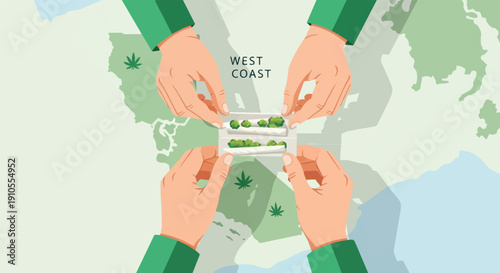 Four hands preparing cannabis joints over a map of the West Coast