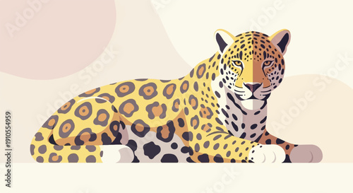 Geometric style jaguar rests on a plain background with soft pastel circles