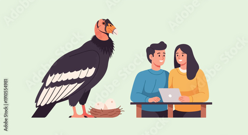 Giant bird with nest of eggs next to couple using laptop
