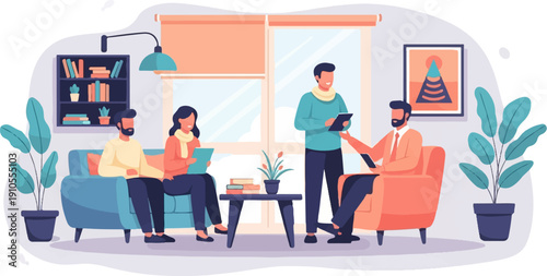 Four people in a living room, some reading, some looking at tablets