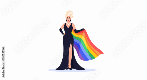 Glamorous performer in a black gown and rainbow pride flag