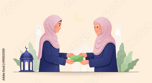 Generosity exchange two women in hijabs gifting a green envelope