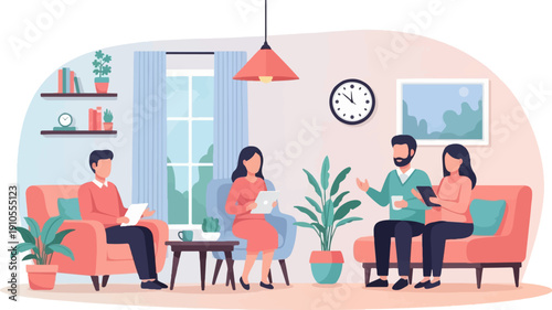 Four people in a living room with plants, books, and a clock