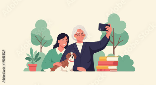Generational bonding Grandma, granddaughter, and dog take a selfie outdoors