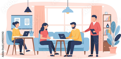 Four people in a modern office or co-working space collaborating around laptops