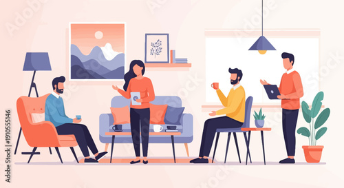 Four people in a minimalist living room, working and conversing