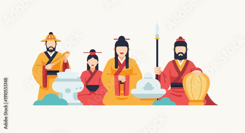 Four people in traditional Asian attire with ceremonial objects