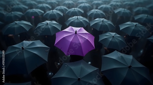 One purple umbrella standing out from crowd of black umbrellas