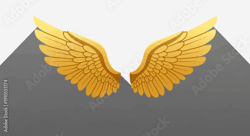 Gleaming golden wings cast a subtle shadow on a simple gray background