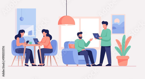 Four people interacting with laptops and phones in a bright, modern room