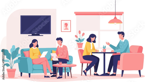 Four people relax and interact in a modern, minimalist living area