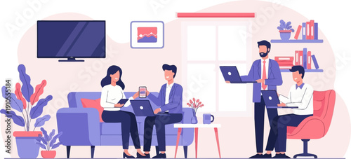 Four people work and relax in a modern, light-filled office space