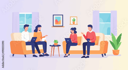 Four people on a couch in a room, some working on laptops, discuss ideas