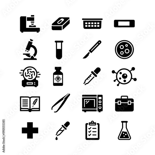 Hand rendered letterpress style icons for histopathology sample processing and tissue engineering workflows within medical laboratory research and clinical oncology education environments