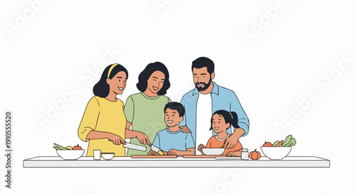 Happy family cooking on kitchen counter, preparing meal. Parents and children enjoy family cooking activity, chopping vegetables for healthy food. Family cooking concept for lifestyle content,