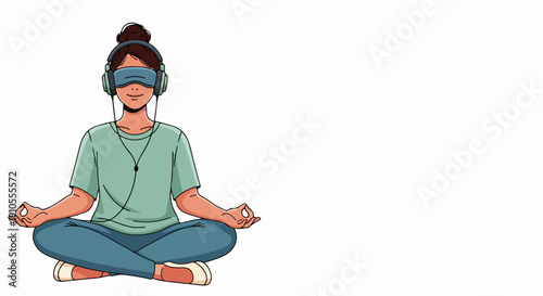 Calm concentration woman blindfold, headphones, lotus position. Person engages in serene activity, finding inner peace and focus during calm concentration.