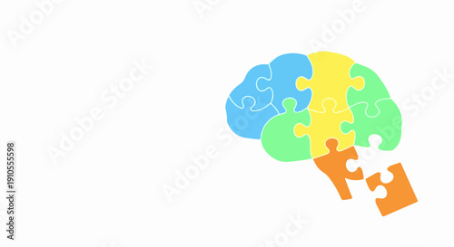 Colorful brain puzzle shows one orange piece detaching from structure. Brain puzzle represents complex human intellect, cognitive processes, or problem solving challenges.