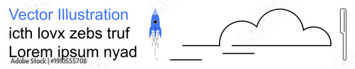 Space exploration, startup growth, innovation, minimalism, creativity, technology. A small blue rocket emerges with minimalist graphic lines and a cloud. Space exploration and startup growth concept