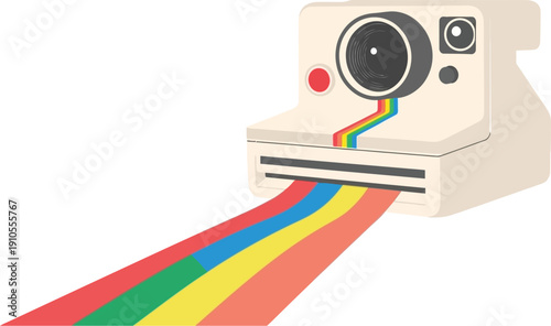 An instant film camera ejects a stream of vibrant rainbow colors representing creativity and nostalgia against a white background.