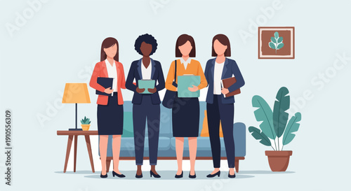 Four women in business attire, holding folders in office