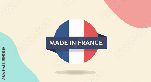 French flag emblem with text, isolated on soft pastel background