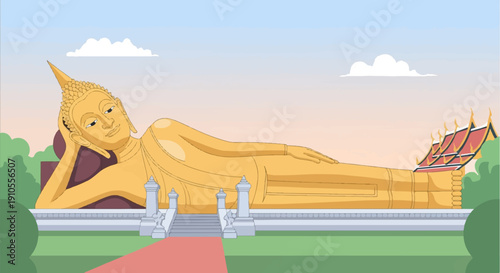 Golden Buddha statue resting peacefully against a soft peach sky