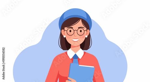 Friendly smiling woman in hat, glasses, and sweater holds a folder